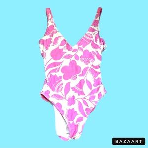 Kate Spade Swimsuit One Piece Bikini Swim Pink White Floral‎ V Neck Round